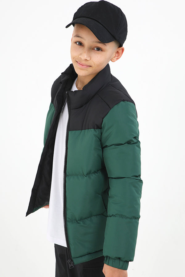 Green Colour Block Zip Through Padded Jacket