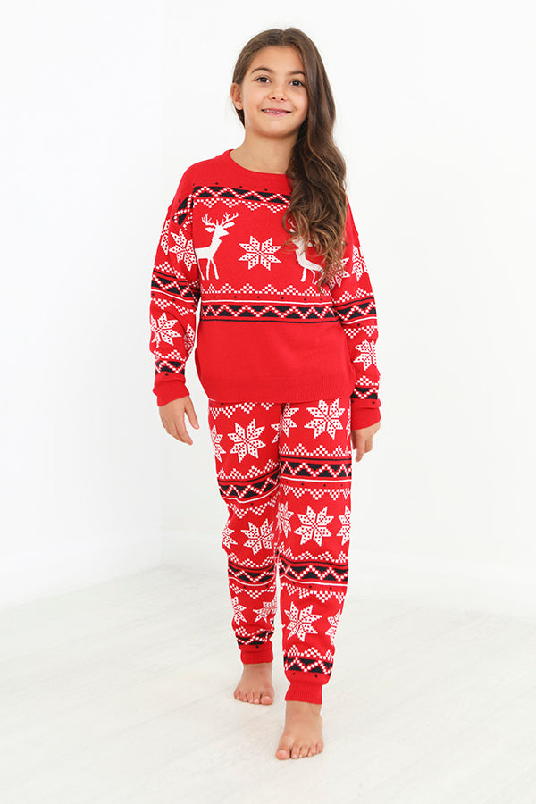 Girls Red Ski Season Fairisle Design Knitted Set