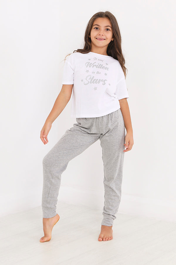 Girls Glitter Star Slogan Tee And Trouser Pyjama Set