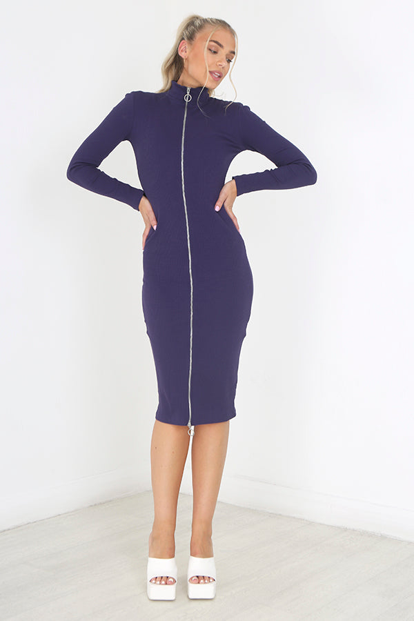 Fitted Zip Through High Neck Rib Knitted Dress