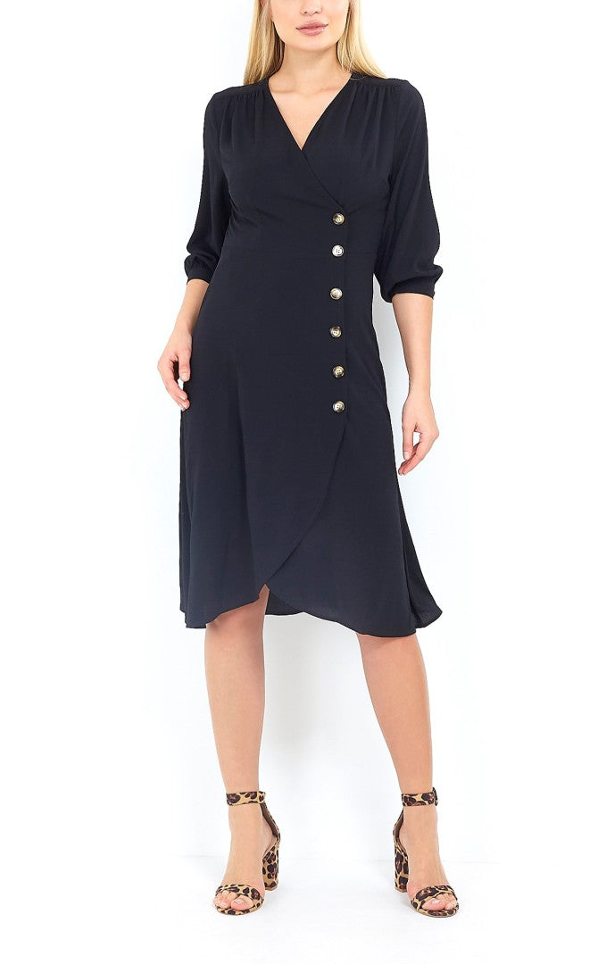 Wrapover Button Detail Midi Shirt Dress