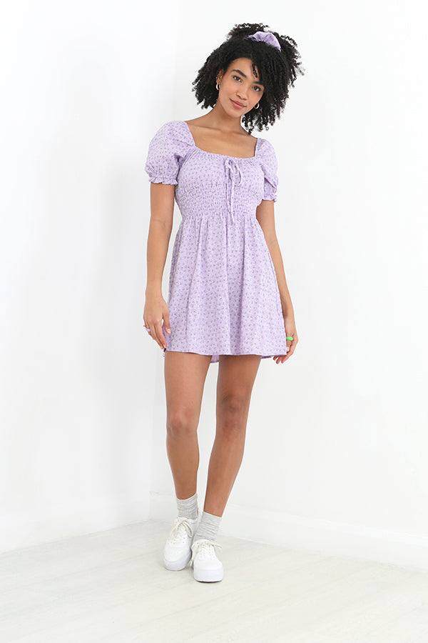 Wholeslae Lilac And Green Floral Shirred Puff Sleeve Dress