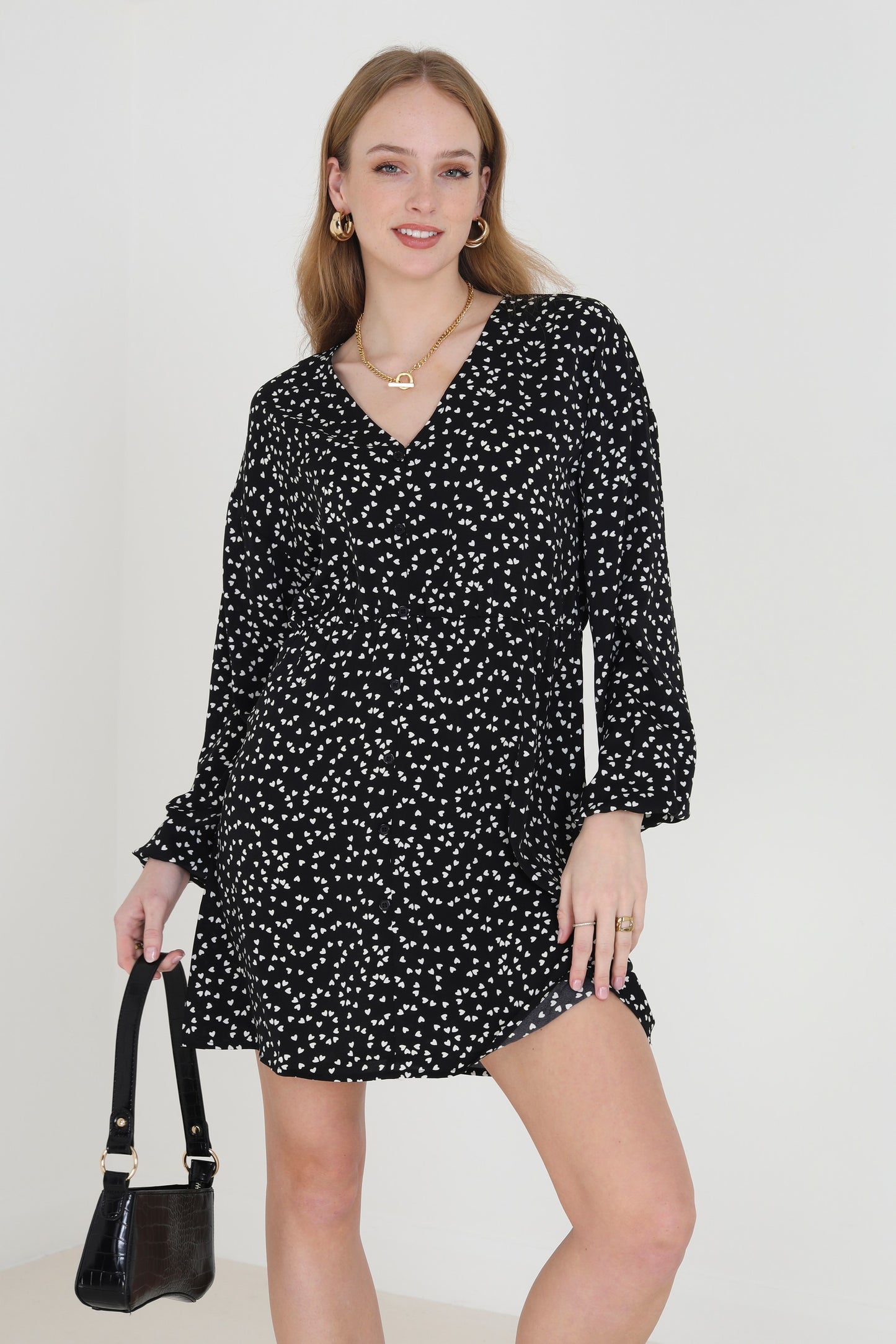 Long Sleeve V Neck Button Down Dress