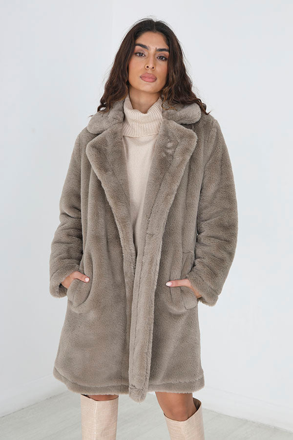 Taupe Long Length Double Breasted Faux Fur Jacket