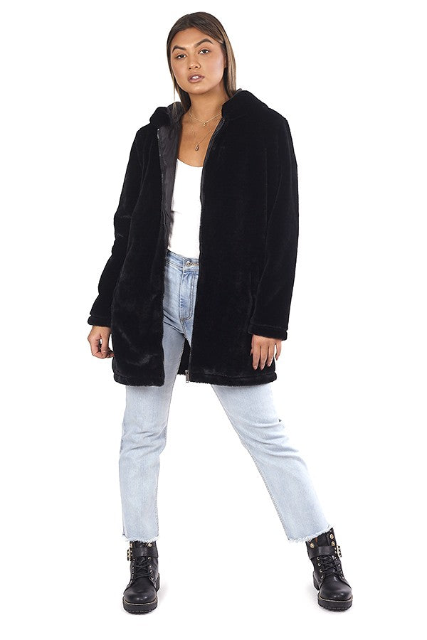 Black Longline Faux Fur Zip Through Hooded Jacket