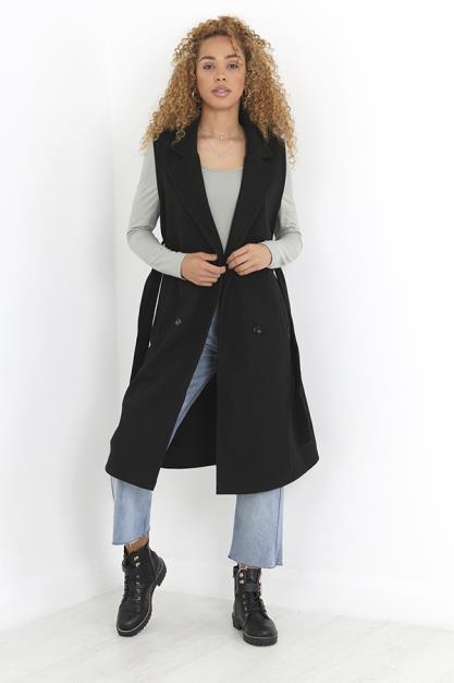 Black Faux Wool Sleeveless Trench Coat