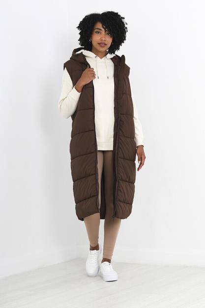 Chocolate Fixed Hood Long Length Puffer Gilet