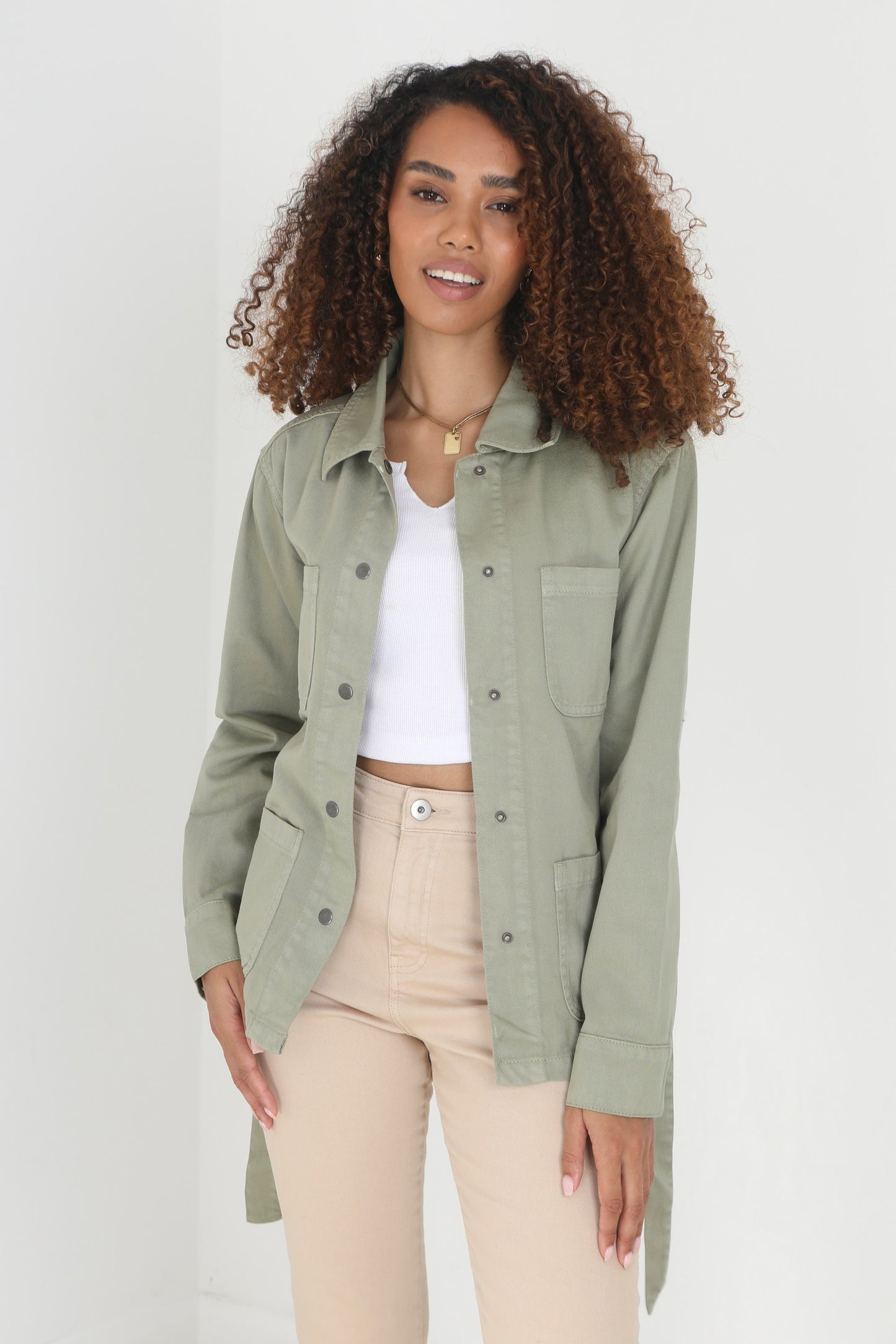 Sage Button Through Belted Shacket