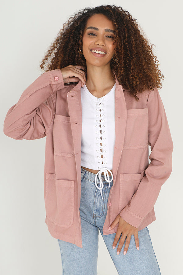 Pale Pink Button Through Cotton Twill Jacket