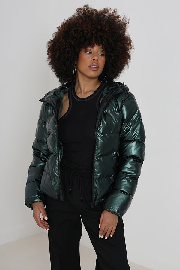 Dark Green Padded Metallic Puffer Jacket