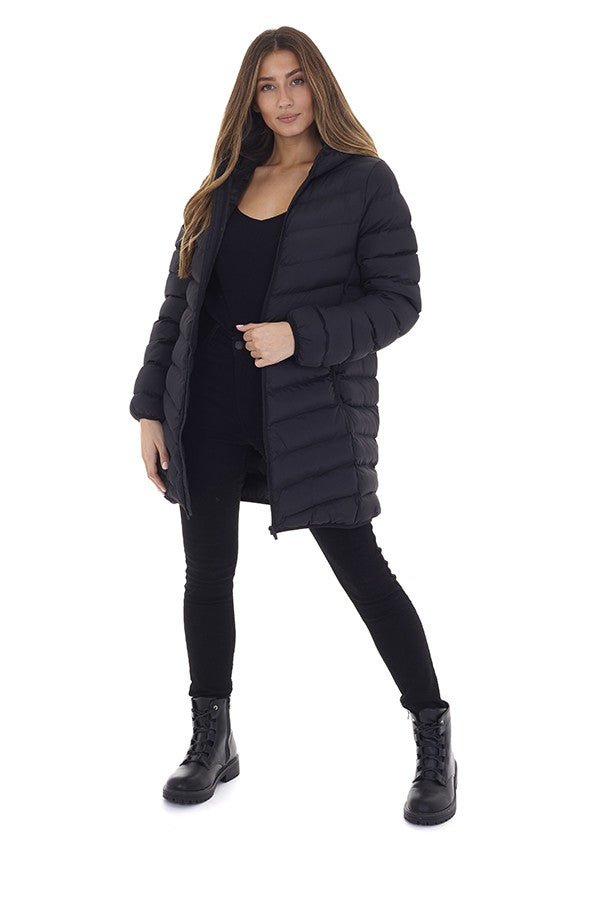 Padded Plain Black Hooded Puffer Coat