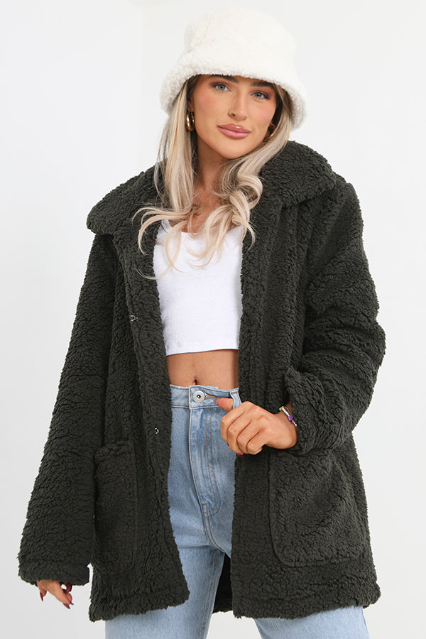 Khaki Green Soft Shaggy Fleece Open Jacket