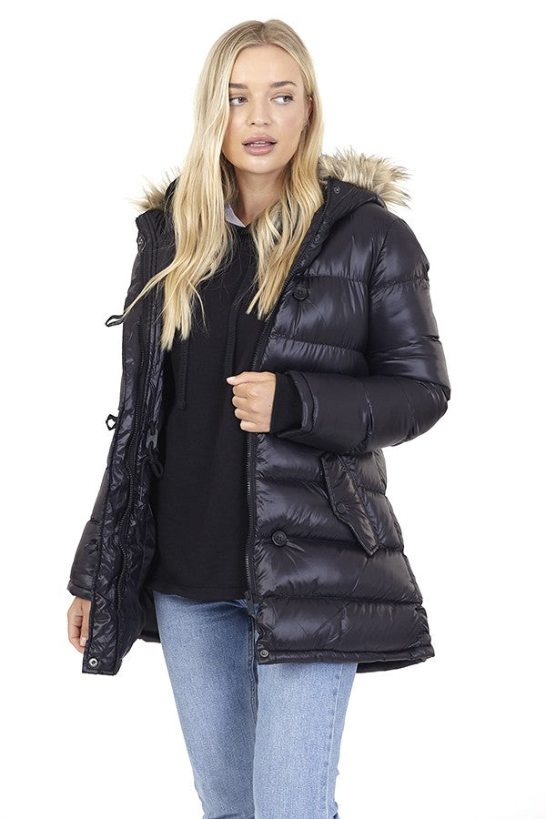 Longer Length Cire Finish Padded Jacket With Fur Hood