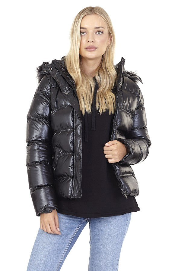 High Shine Padded Short Jacket With Detachable Hood