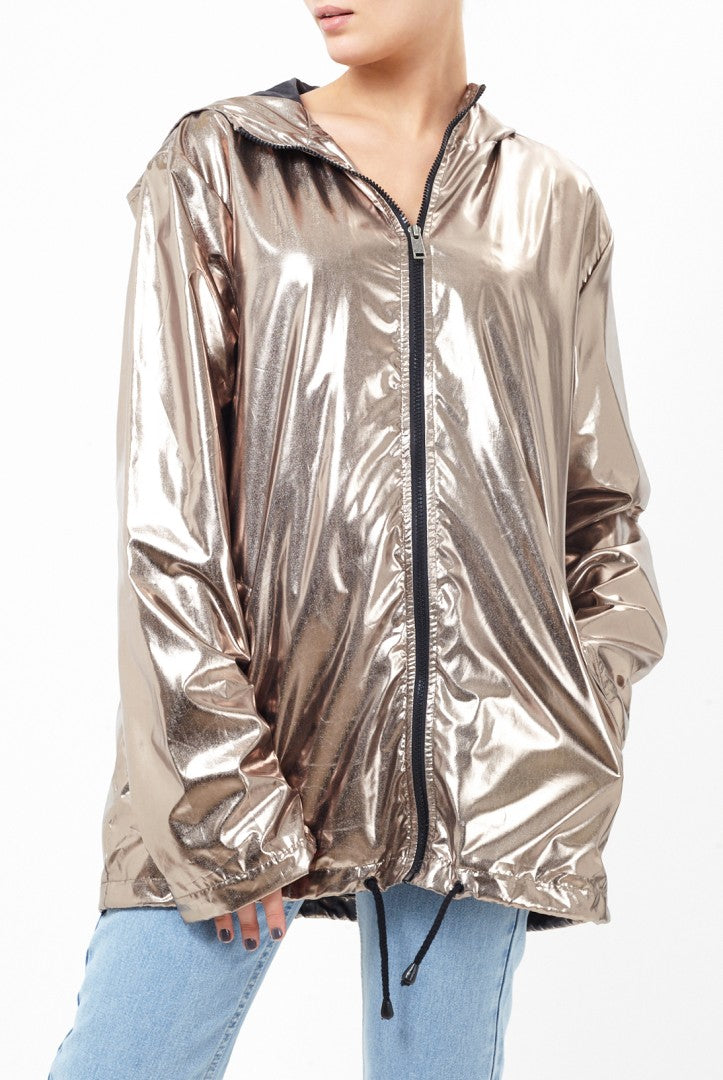 High Shine Rose Gold Metallic Hooded Parka