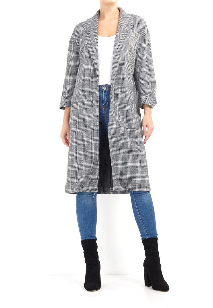 Monochrome Check Print Long Duster Jacket