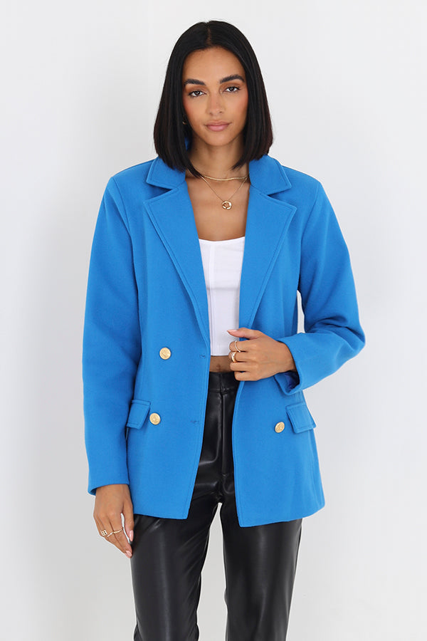 Blue Faux Wool Double Breasted Military Style Blazer