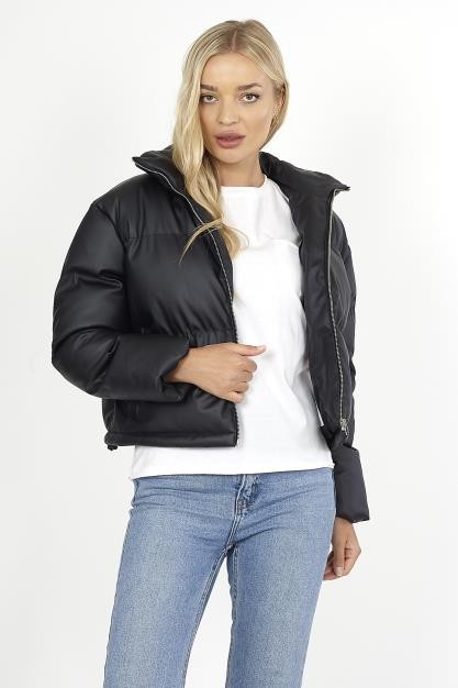 Black Matte Pu High Neck Puffer Jacket