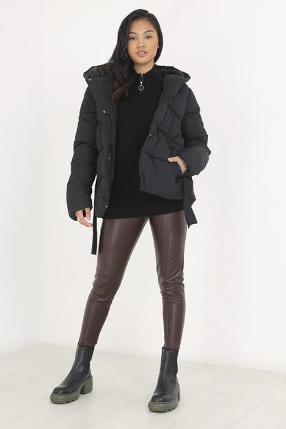 Black Hooded Waist Belt Detail Padded Jacket