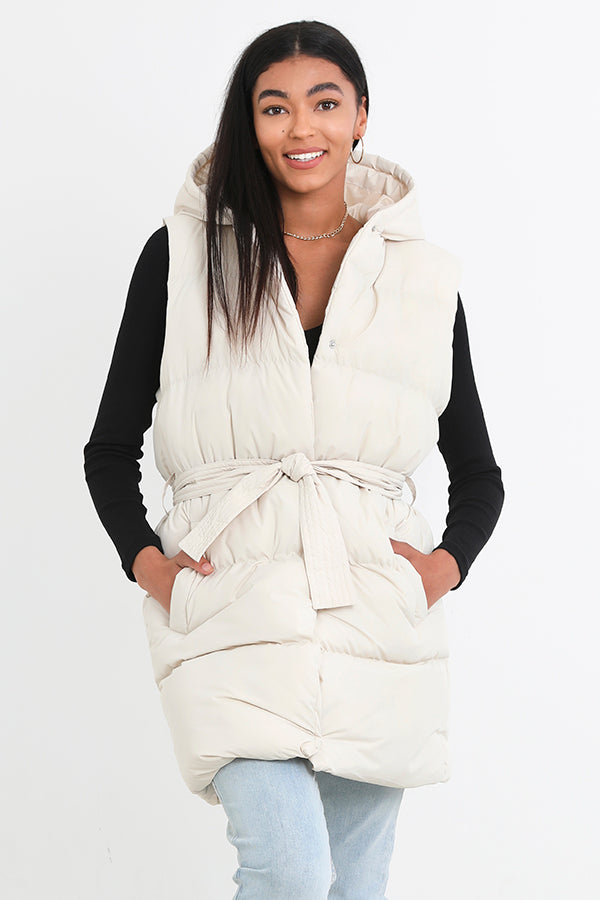 Cream Padded Belted Longer Length Hooded Gilet