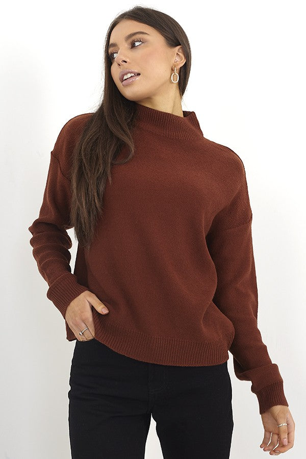 Toasted Brown Rib Detail Long Sleeve Boxy Fit Jumper