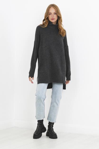 Grey Roll Neck Oversized Long Knitted Jumper