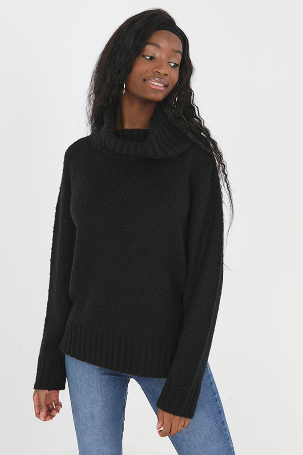 Black Ribbed Roll Neck Mohair Knitted Jumper