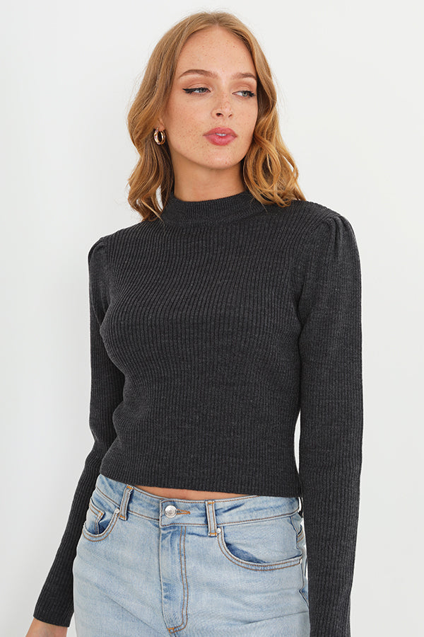 Charcoal Plain Ribbed Turtleneck Cropped Jumper