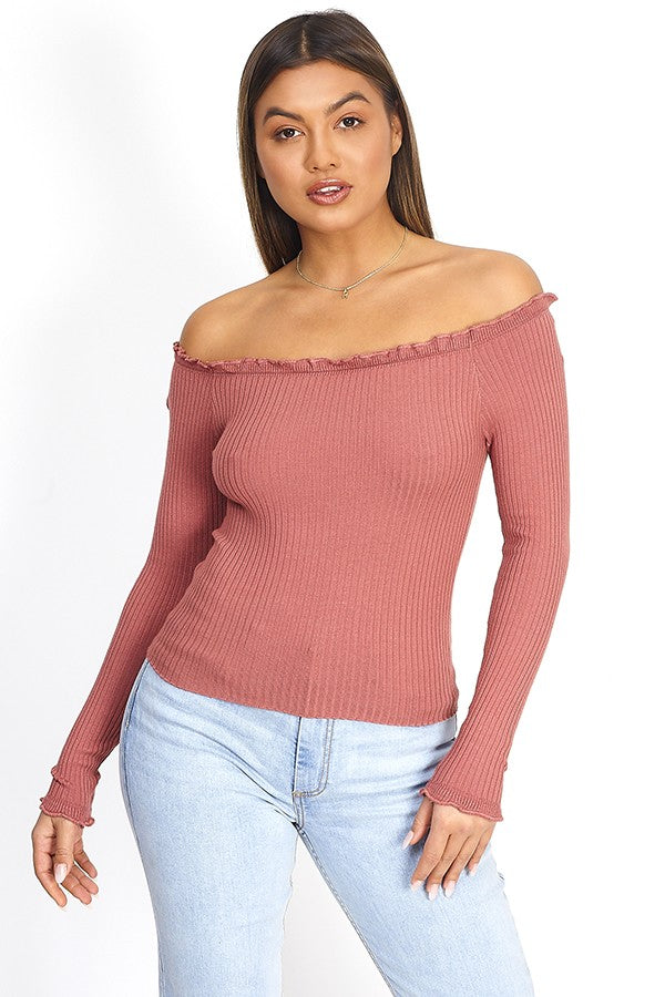 Rose Ribbed Ruffle Detail Bardot Knitted Top