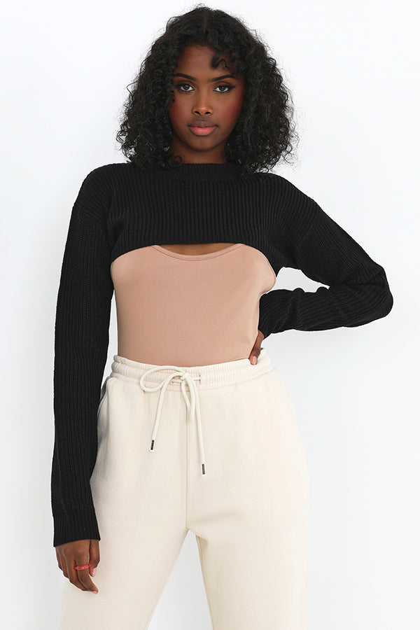 Black Fisherman Rib Extreme Crop Knit Jumper