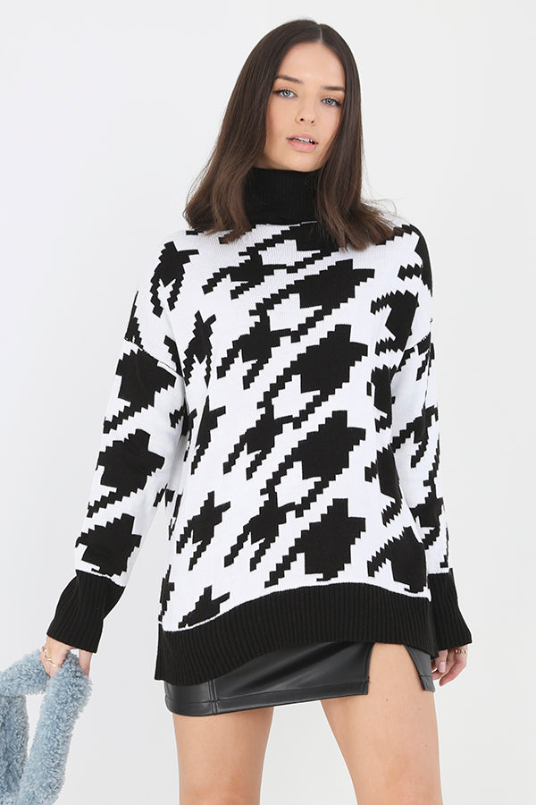 Jacquard Pattern Oversized Roll Neck Knit Jumper