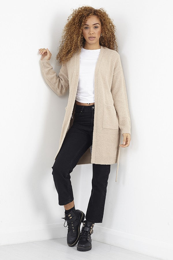 Soft Biscuit Teddy Edge To Edge Belted Cardigan