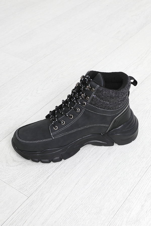 Black Chunky Rubber Sole Padded Hiking Boot