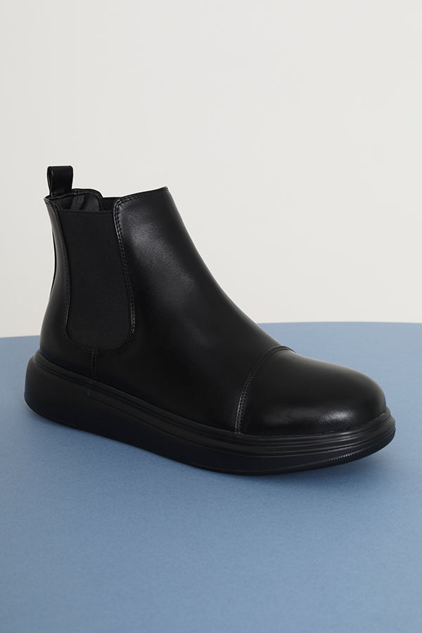 Black Pull Tab Elasticated Panels Chelsea Boot