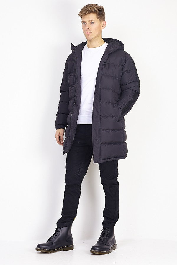 Mesh Panel Padded Longline Hooded Puffer Jacket