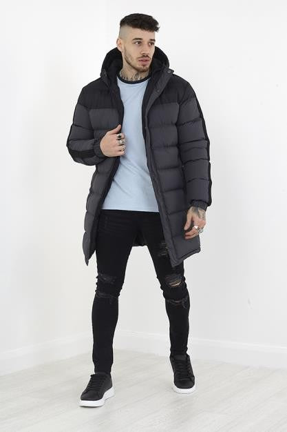 Grey Longline Mesh Sleeve Panel Padded Jacket