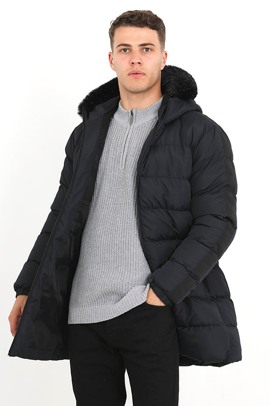 Black Longline Faux Fur Hood Padded Jacket