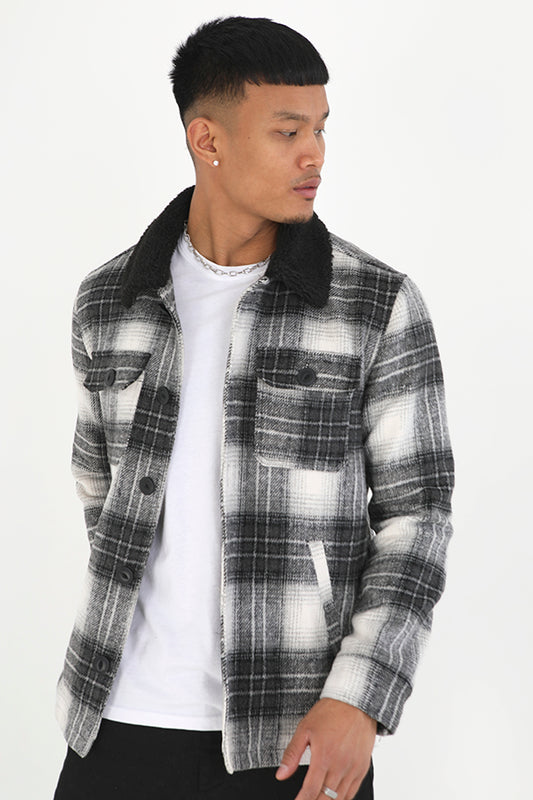 Black Checked Sherpa Collar Button Through Jacket