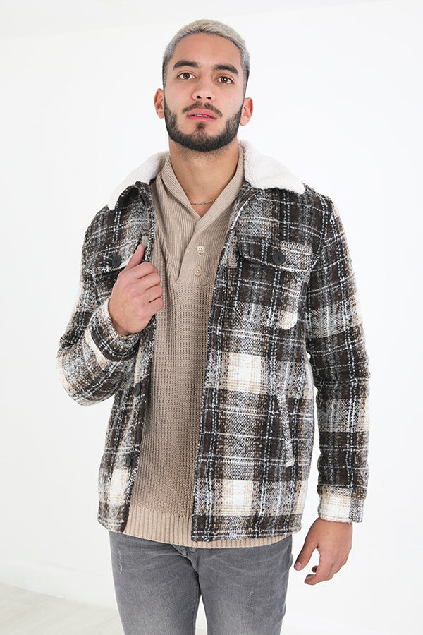 Brown Checked Sherpa Collar Button Through Jacket