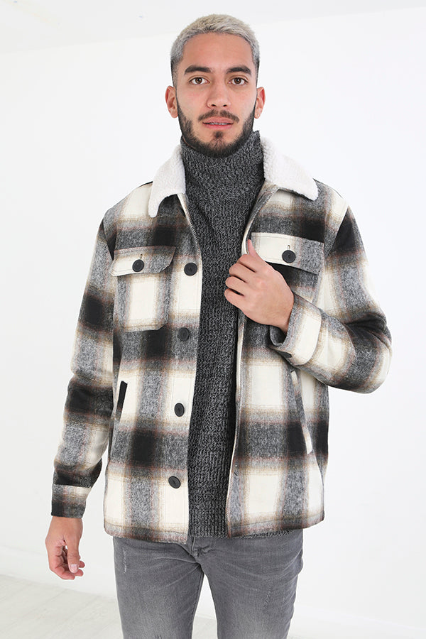 Cream Checked Sherpa Collar Button Through Jacket