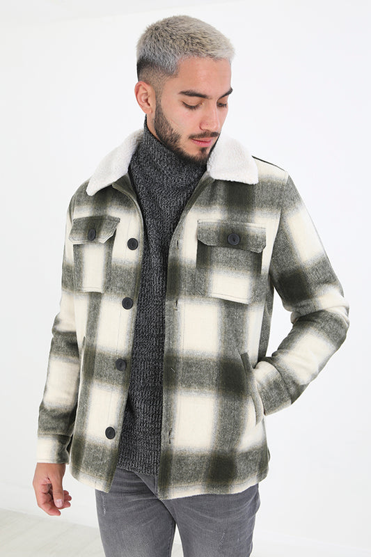 Green Checked Sherpa Collar Button Through Jacket