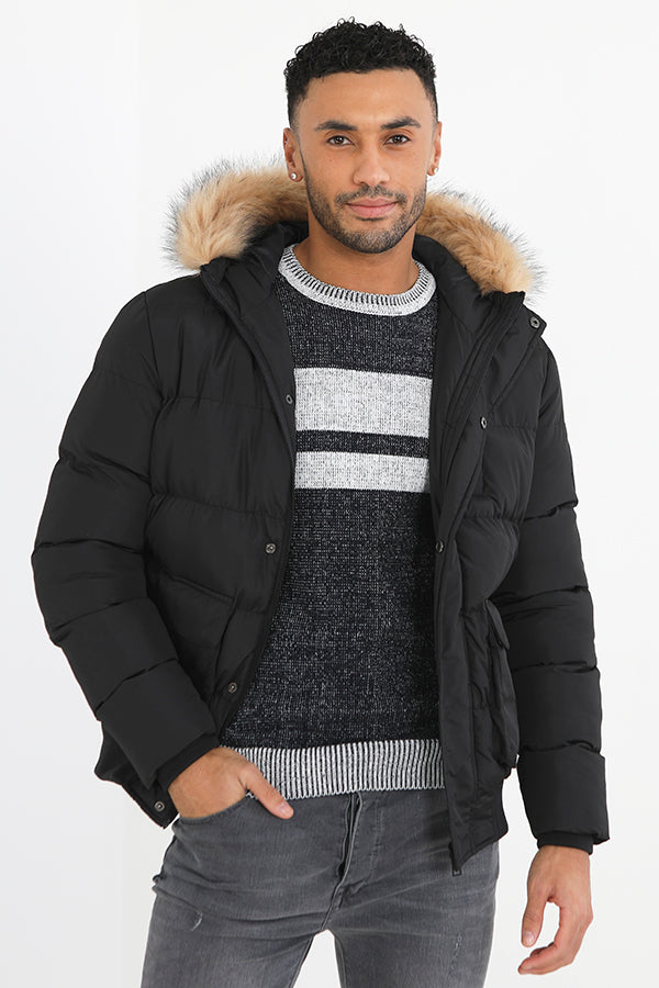 Black Padded Badge Detail Faux Fur Hooded Parka Coat