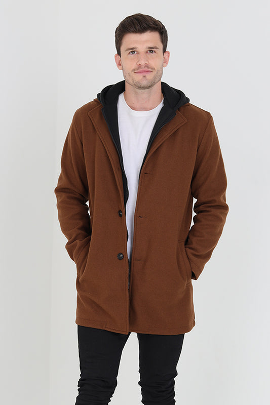 Tan Button Up Single Breasted Hooded Formal Jacket