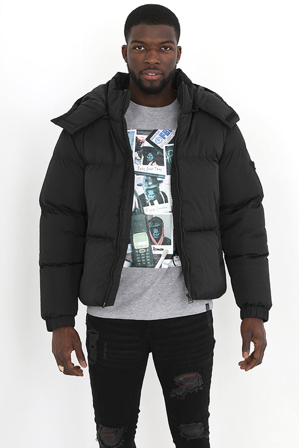 Black Removable Hooded Funnel Neck Puffer Jacket