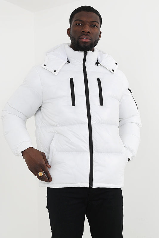 White Funnel Neck Hooded Padded Jacket