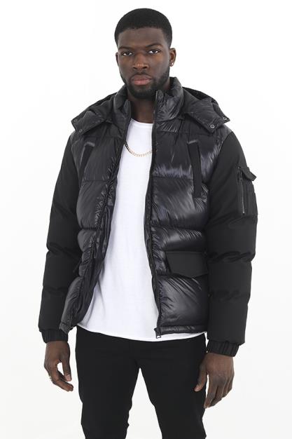 Black Sleeve Pocket High Shine Padded Hooded Jacket