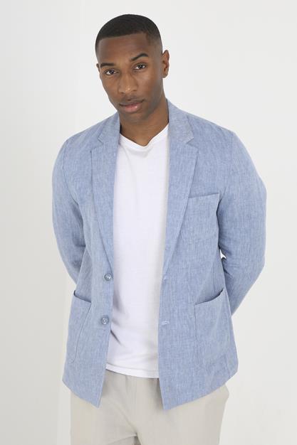 Light Blue Button Through Three Pocket Chambray Blazer