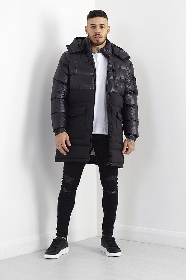 Black High Shine Upper Detail Longline Padded Jacket