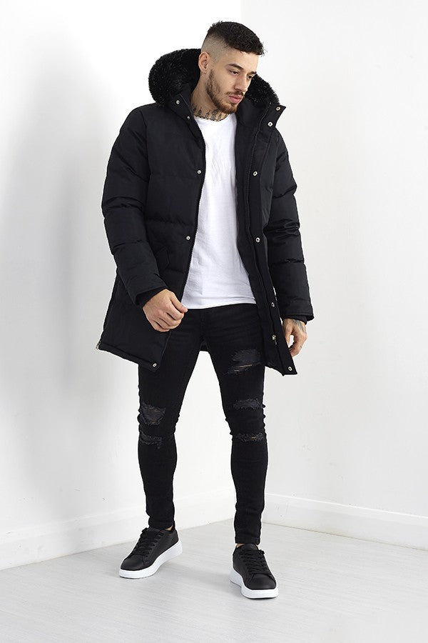 Black Faux Fur Hood Longer Length Parka Coat