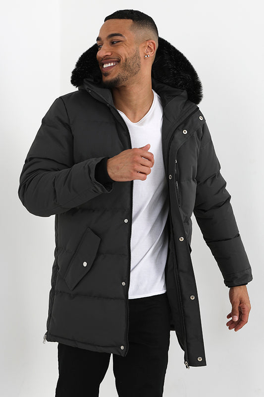 Grey Faux Fur Hood Longer Length Parka Coat